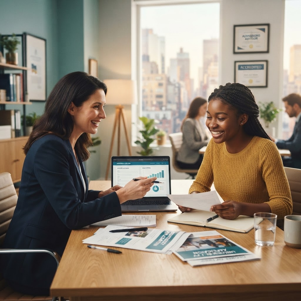 A Dentcor education consultant advising a student in a modern office