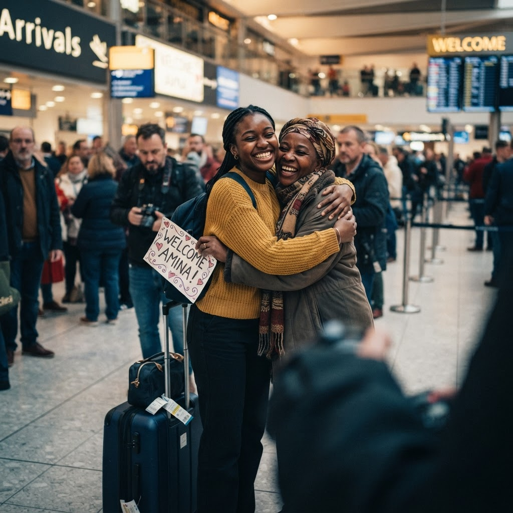 A student warmly welcomed at international airport arrivals