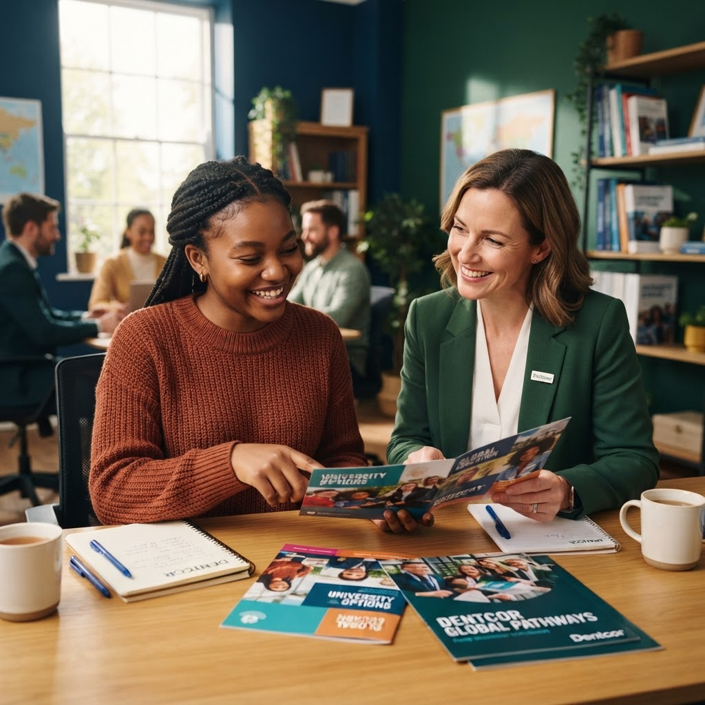 A Dentcor counsellor reviewing university brochures with a student