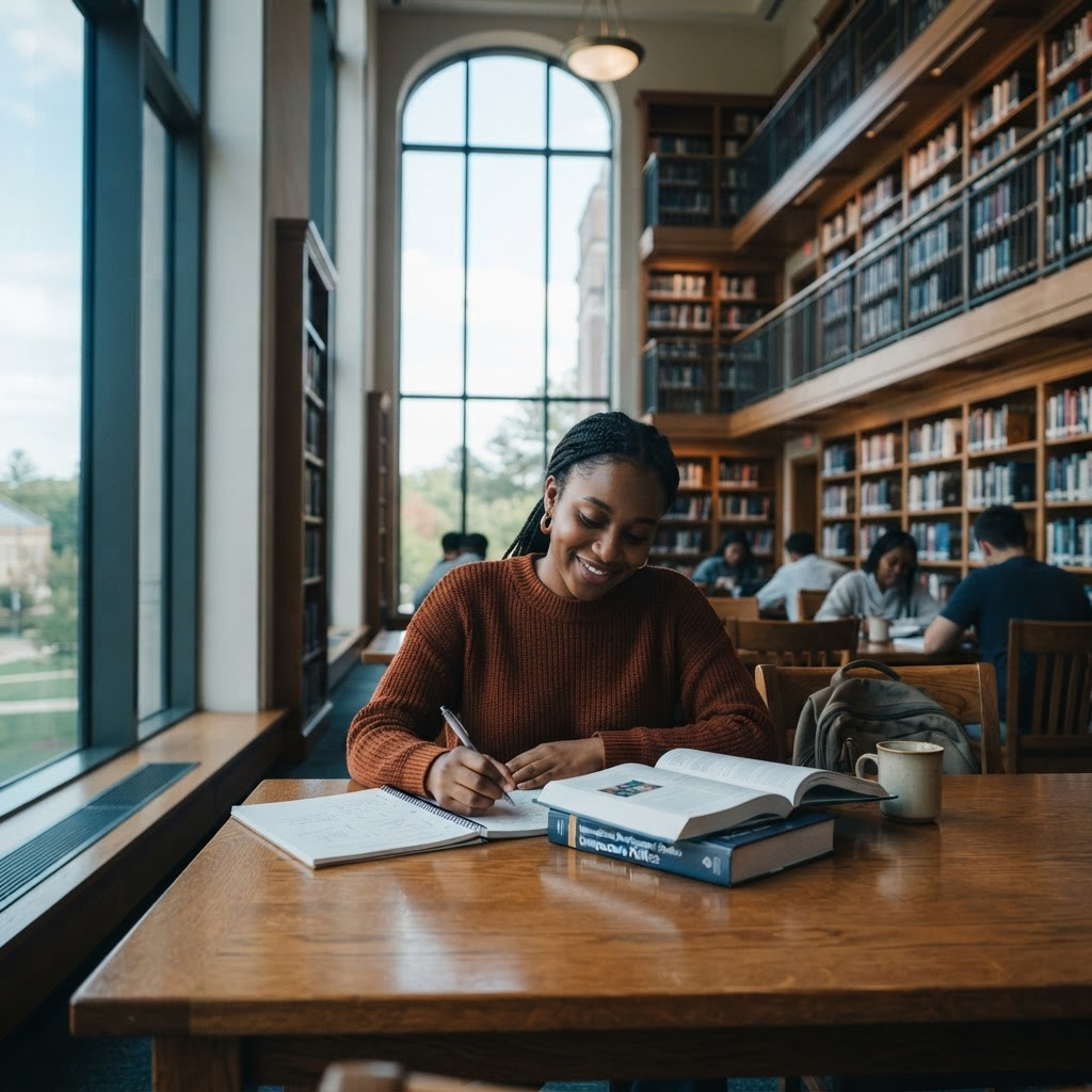 An international student studying in a grand university library
