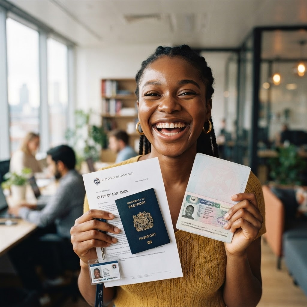 A student celebrating an approved student visa and acceptance letter