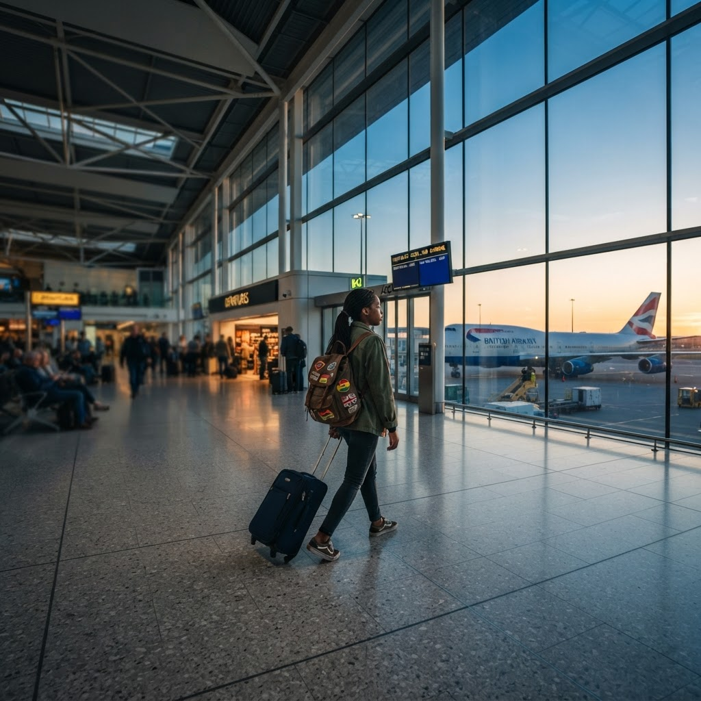 Student walking through an international airport toward a departing flight