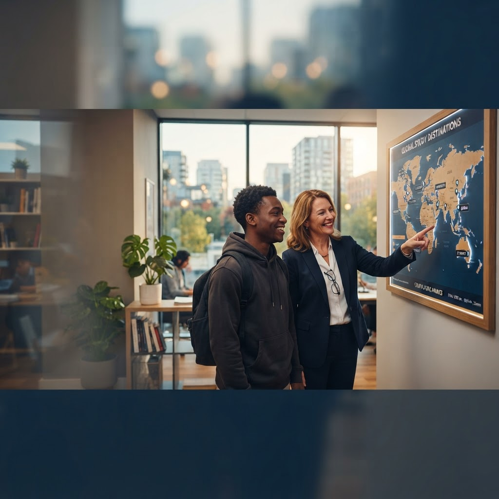 Education counsellor advising a student in front of a world map