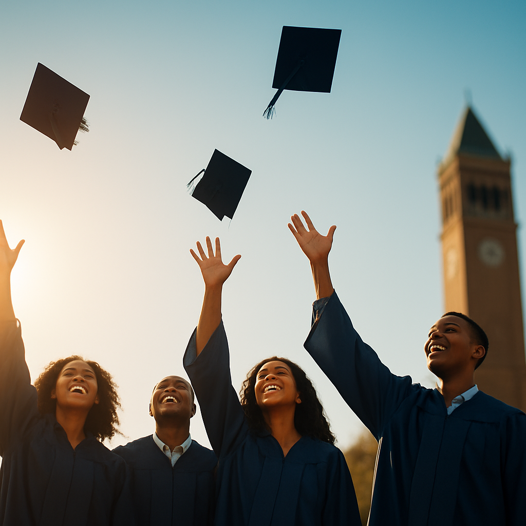 African university graduates celebrating and throwing their caps into the sky